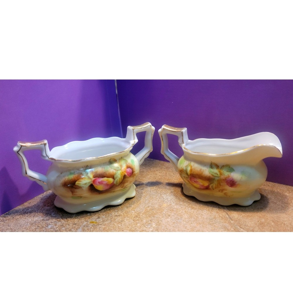 Vintage Hand Painted Fruit Sugar & Creamer Set Made in Occupied Japan Gold Trim